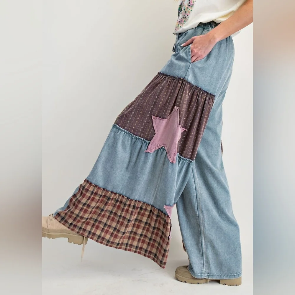 E1 Vintage Patchwork Wide-Leg Denim Pants with Star Detail - Picture 1 of 2